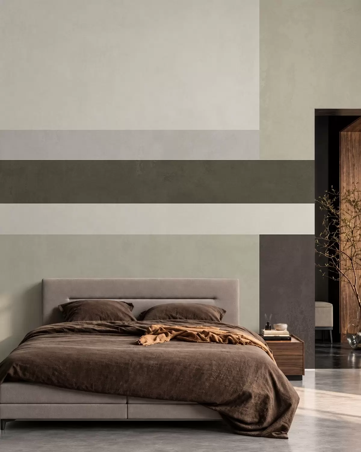 Murale Composition géométrique composée de blocs de couleur olive, gris et beige w05890v3
