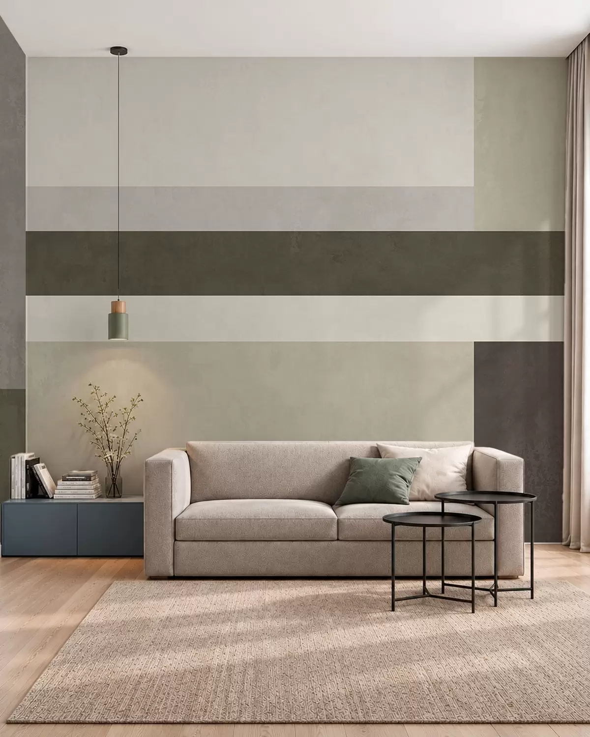 Murale Composition géométrique composée de blocs de couleur olive, gris et beige w05890v3