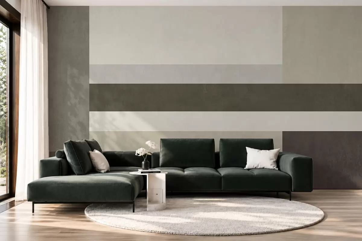 Murale Composition géométrique composée de blocs de couleur olive, gris et beige w05890v3