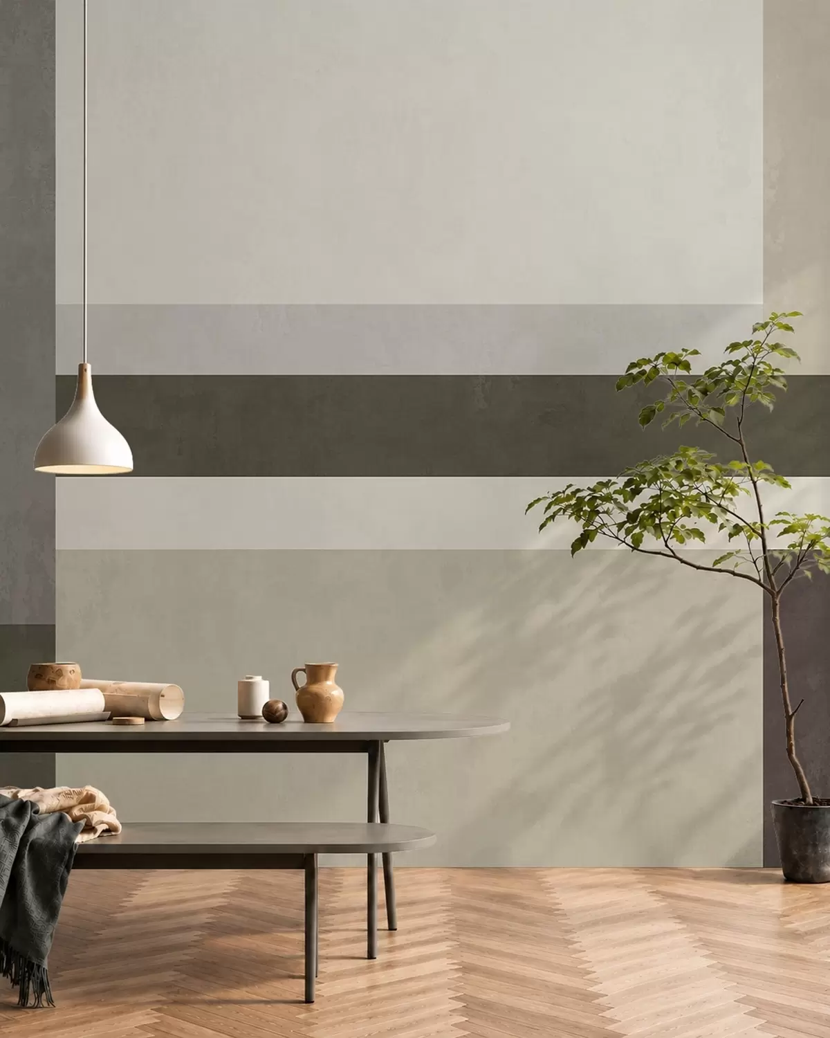Murale Composition géométrique composée de blocs de couleur olive, gris et beige w05890v3
