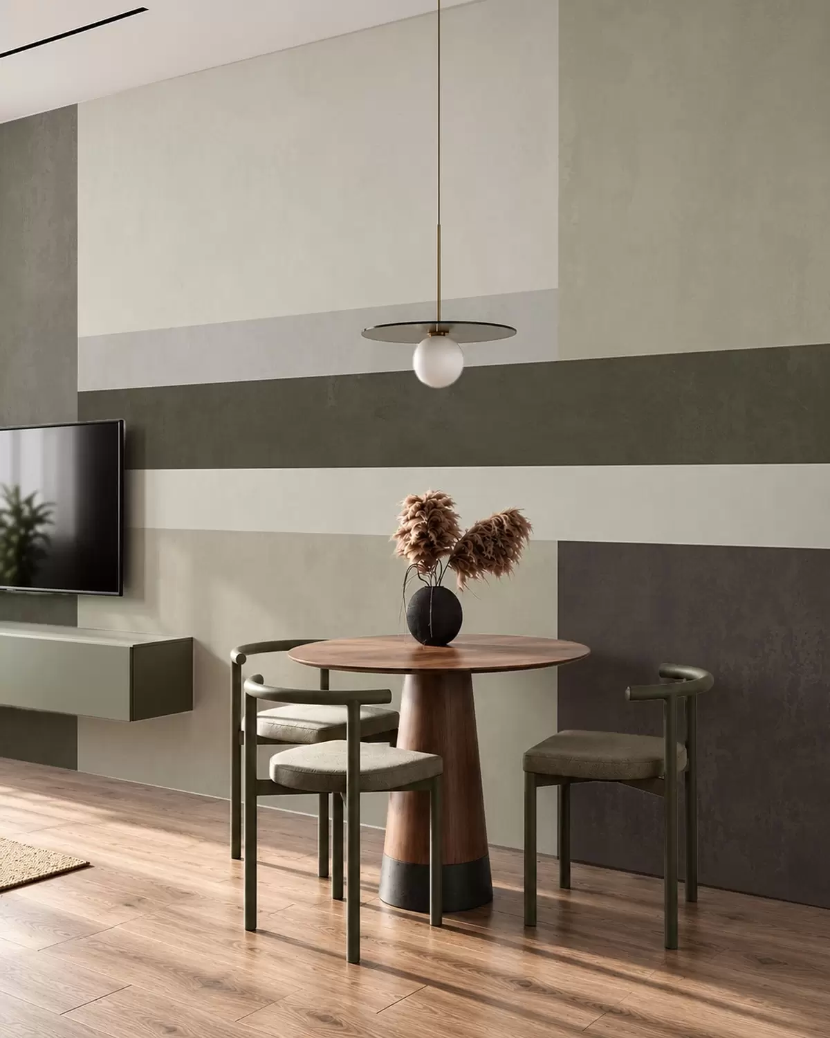 Murale Composition géométrique composée de blocs de couleur olive, gris et beige w05890v3