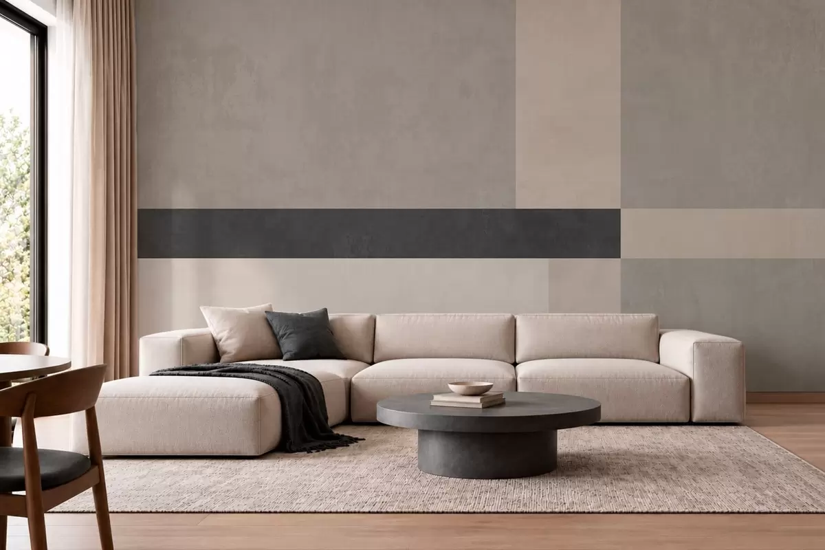 Murale Motif géométrique abstrait composé de blocs beiges et gris et d'une bande sombre w05891