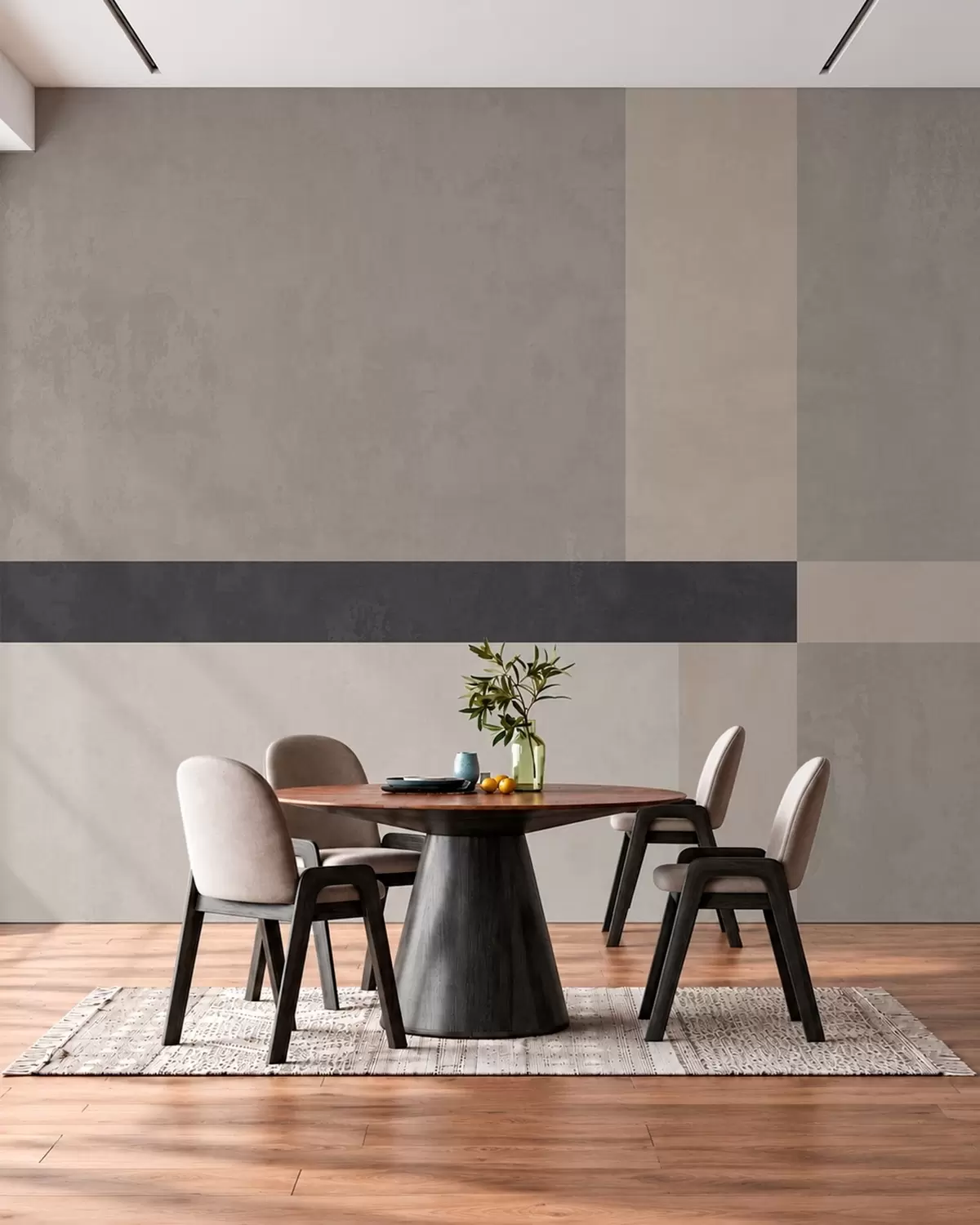 Murale Motif géométrique abstrait composé de blocs beiges et gris et d'une bande sombre w05891