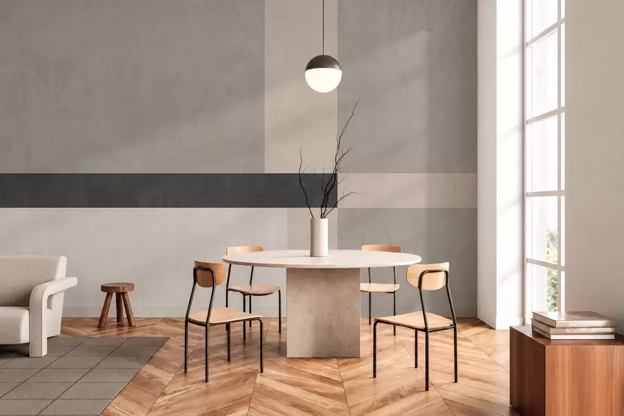 Fototapete Abstrakte Geometrie mit beigen und grauen Blöcken und einem dunklen Streifen w05891