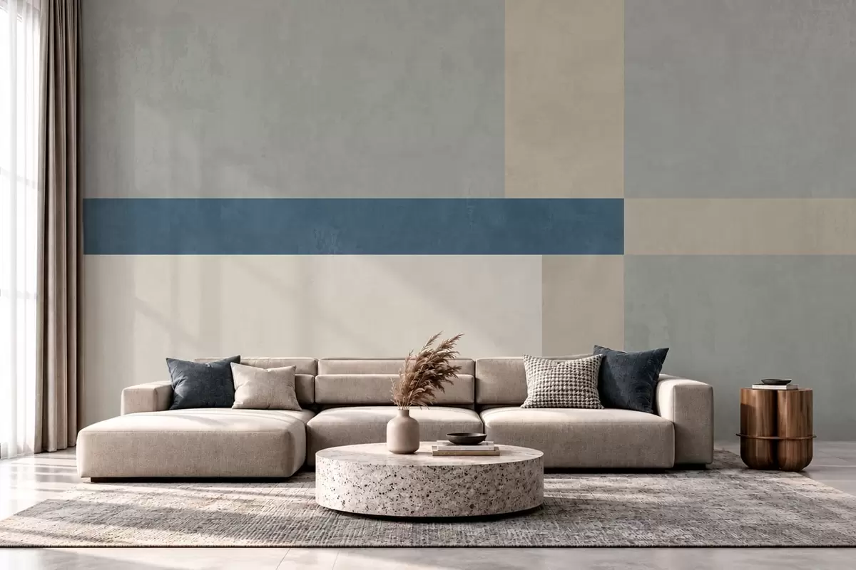 Fototapete Geometrische Blöcke in Grau- und Beigetönen mit einem blauen Streifen w05891v1