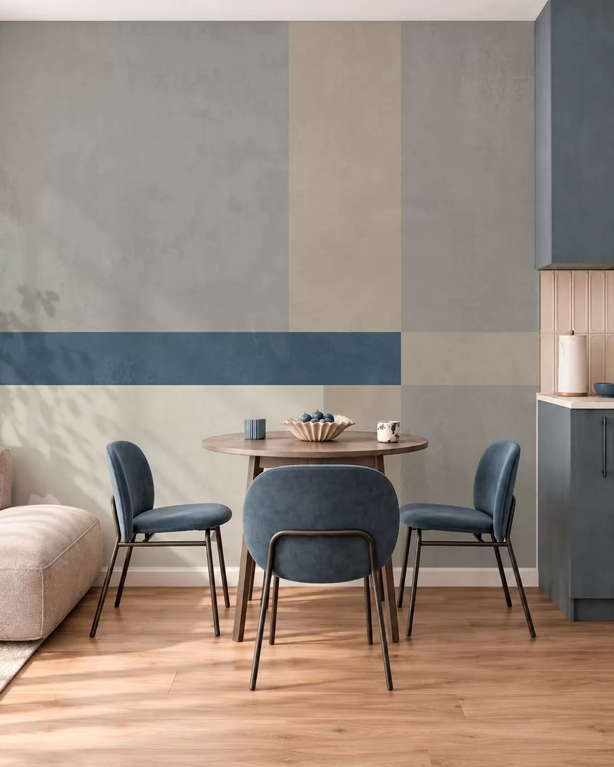 Fototapete Geometrische Blöcke in Grau- und Beigetönen mit einem blauen Streifen w05891v1