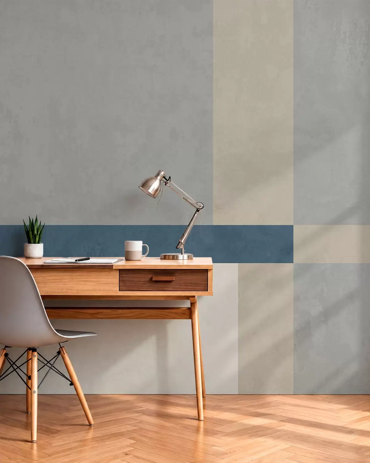 Fototapete Geometrische Blöcke in Grau- und Beigetönen mit einem blauen Streifen w05891v1