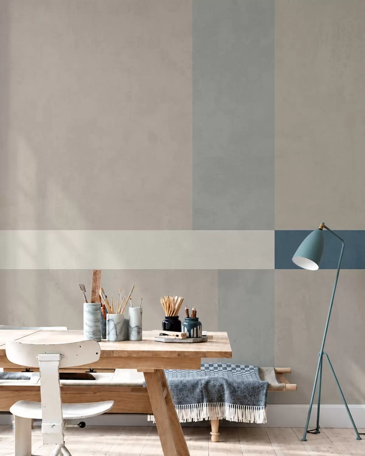 Fototapete Abstrakte beige und graue Rechtecke mit einem blauen Akzent w05891v2