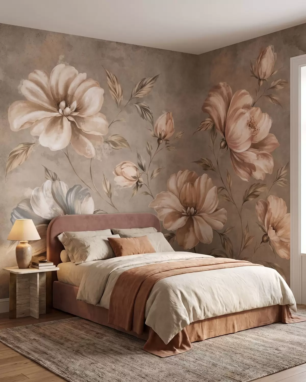 fototapeter Store cremefarvede og beige blomster med blade w05958