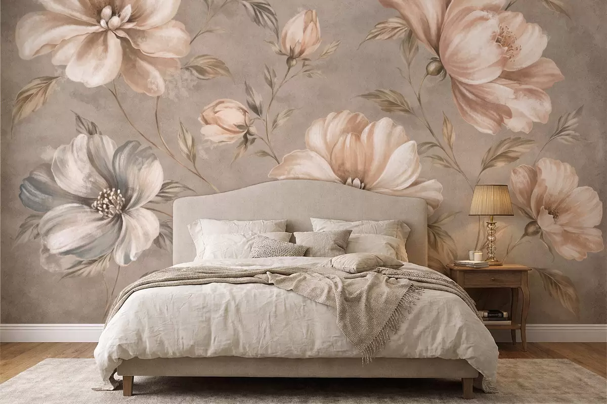 fototapeter Store cremefarvede og beige blomster med blade w05958