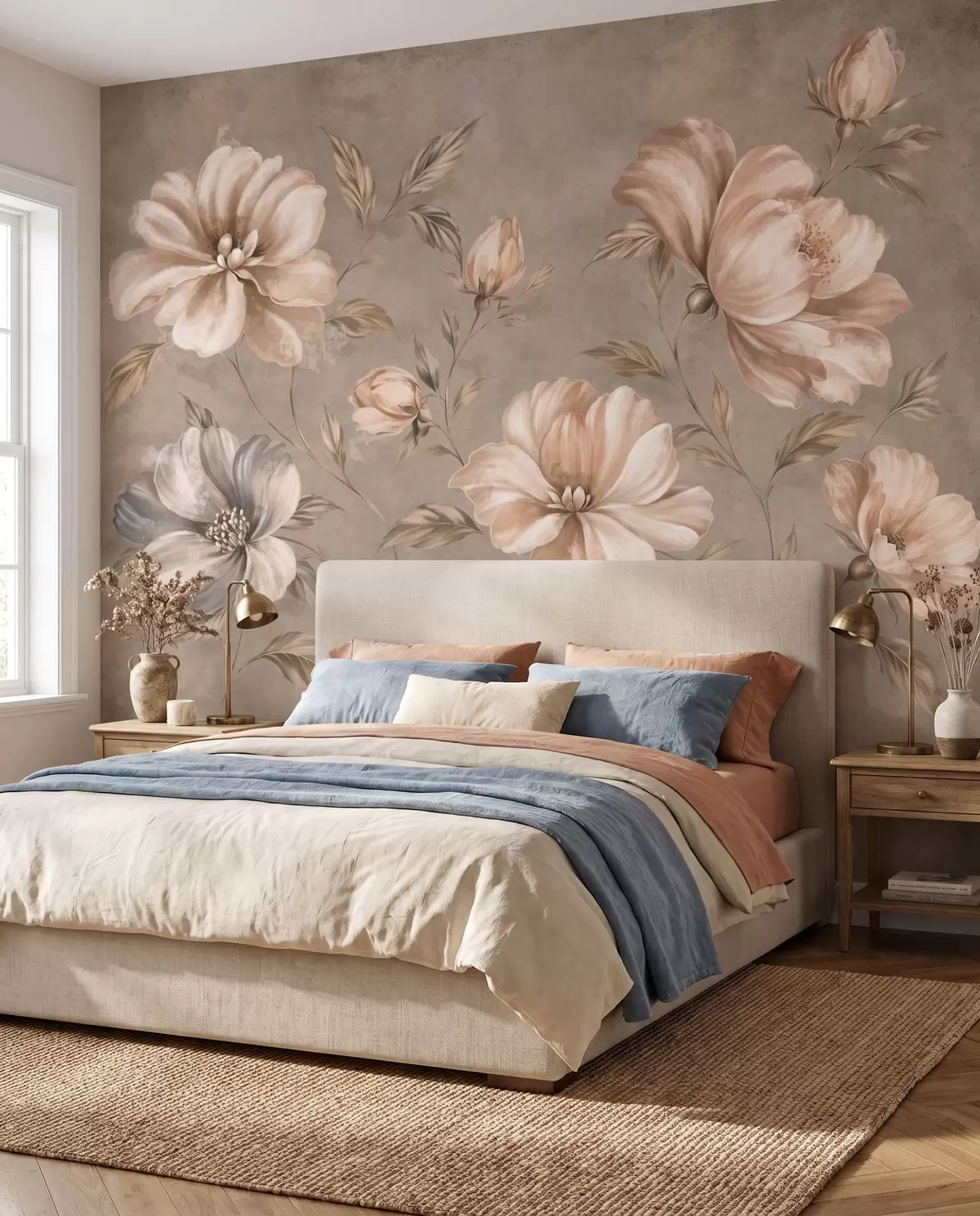 fototapeter Store cremefarvede og beige blomster med blade w05958