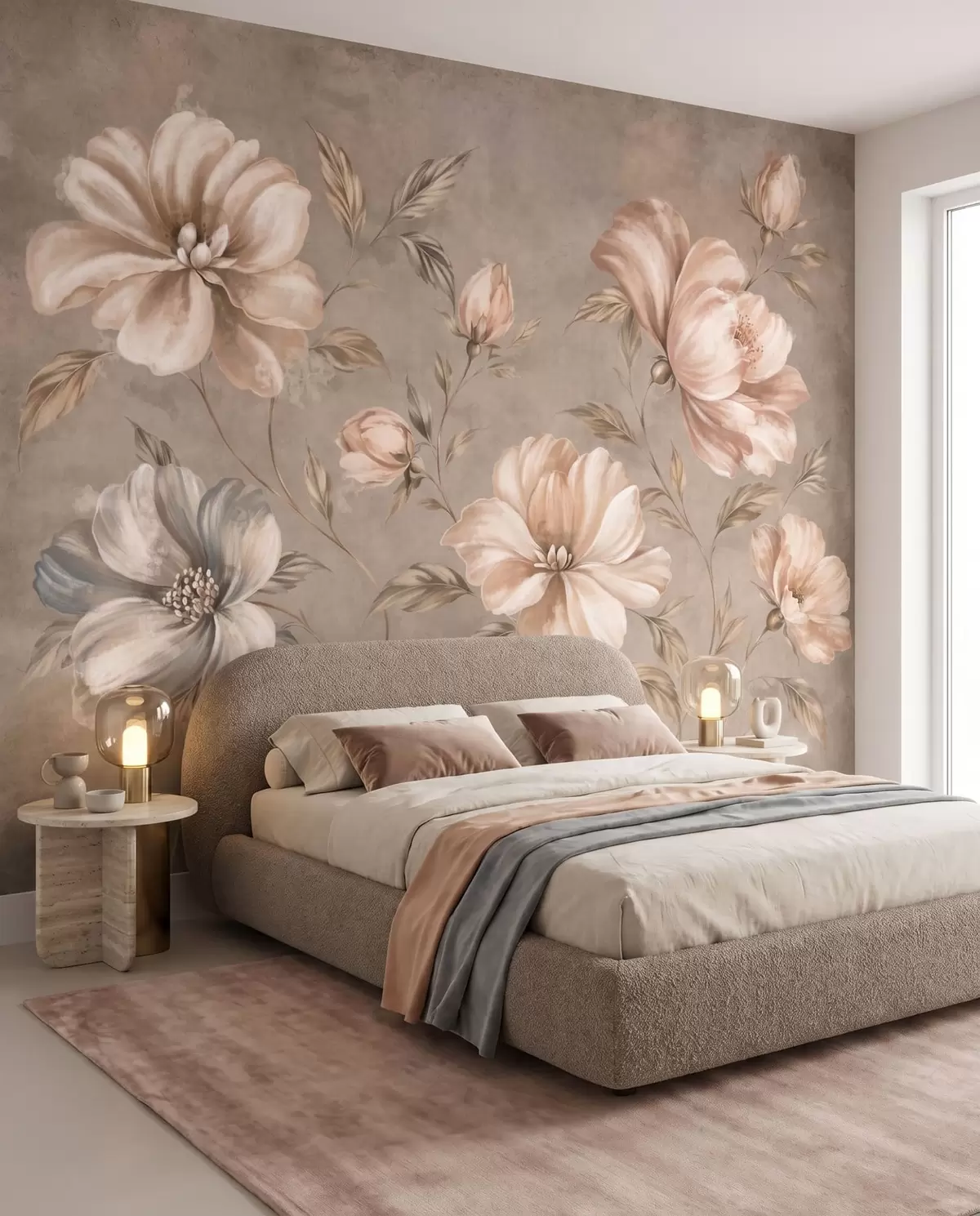 fototapeter Store cremefarvede og beige blomster med blade w05958