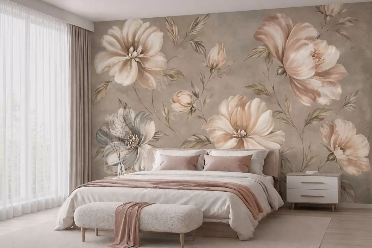fototapeter Store cremefarvede og beige blomster med blade w05958