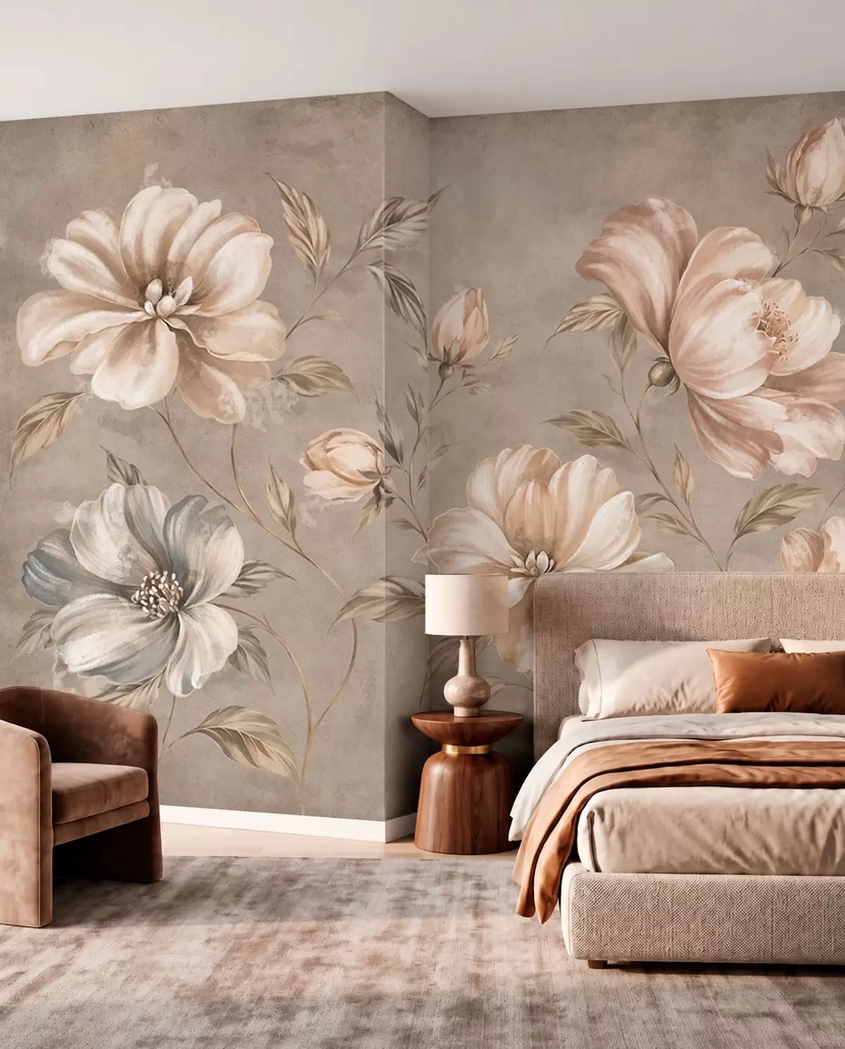 fototapeter Store cremefarvede og beige blomster med blade w05958