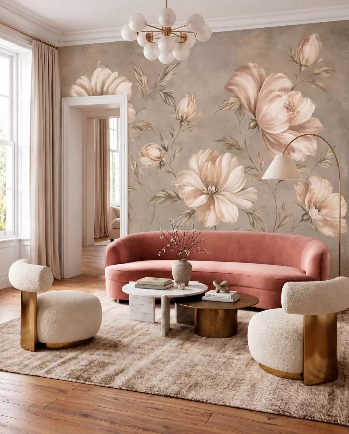 fototapeter Store cremefarvede og beige blomster med blade w05958