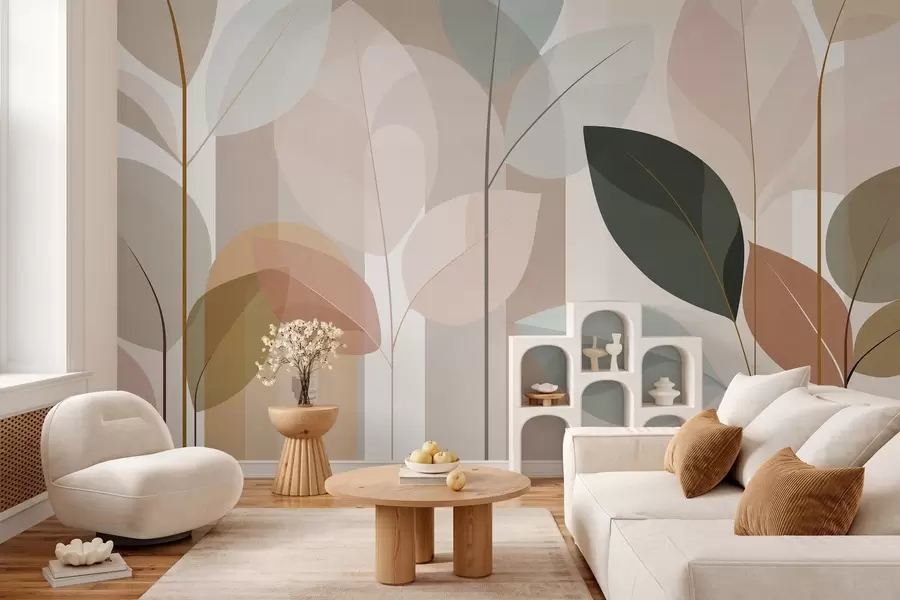 Murale un motif abstrait représentant des feuilles, dans un style de tissage mat, dans des tons de beige, de terre cuite et de pêche w05986