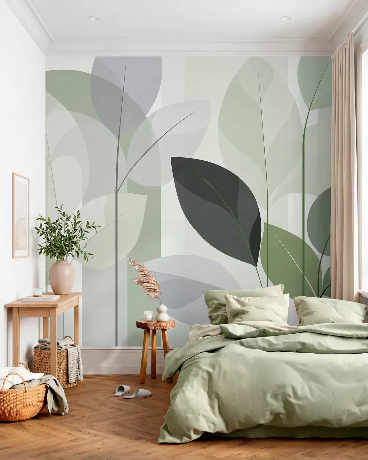 Murale un motif abstrait représentant des feuilles, dans un style de tissage mat, dans des nuances de vert w05986v1