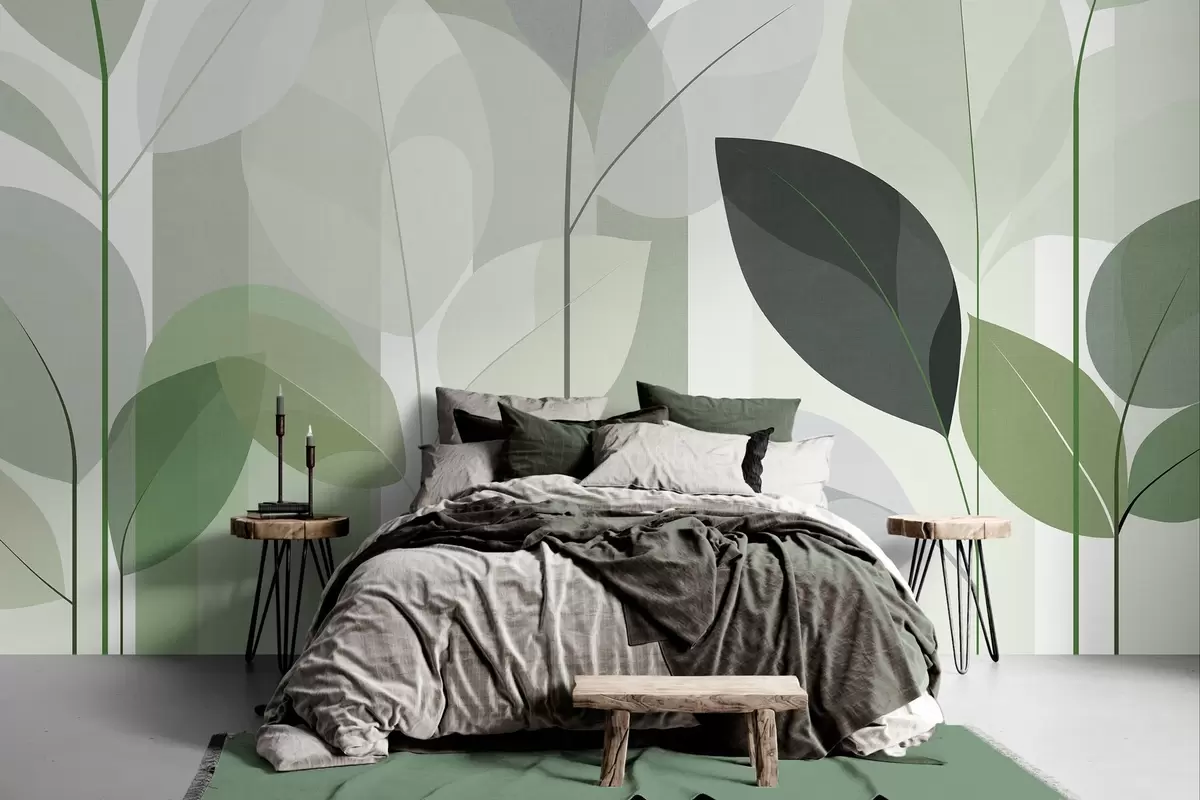 Murale un motif abstrait représentant des feuilles, dans un style de tissage mat, dans des nuances de vert w05986v1