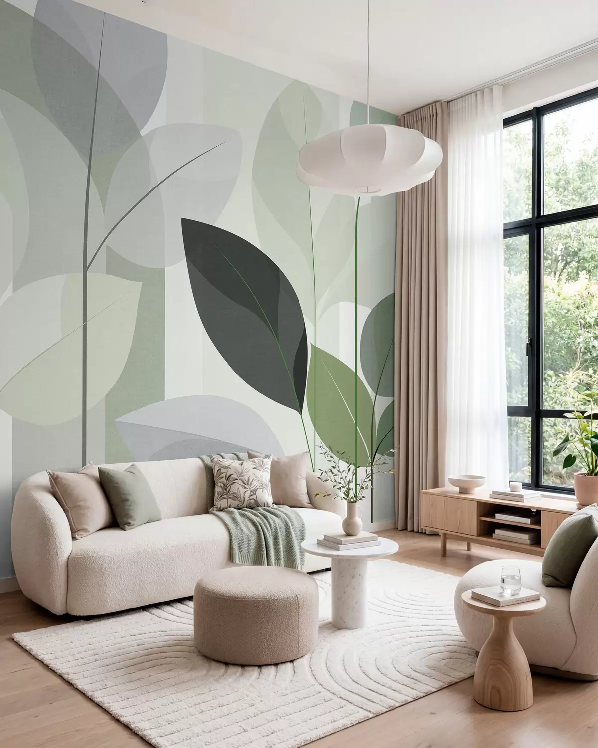 Murale un motif abstrait représentant des feuilles, dans un style de tissage mat, dans des nuances de vert w05986v1