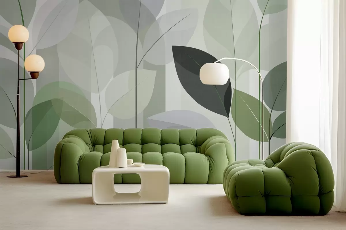 Murale un motif abstrait représentant des feuilles, dans un style de tissage mat, dans des nuances de vert w05986v1