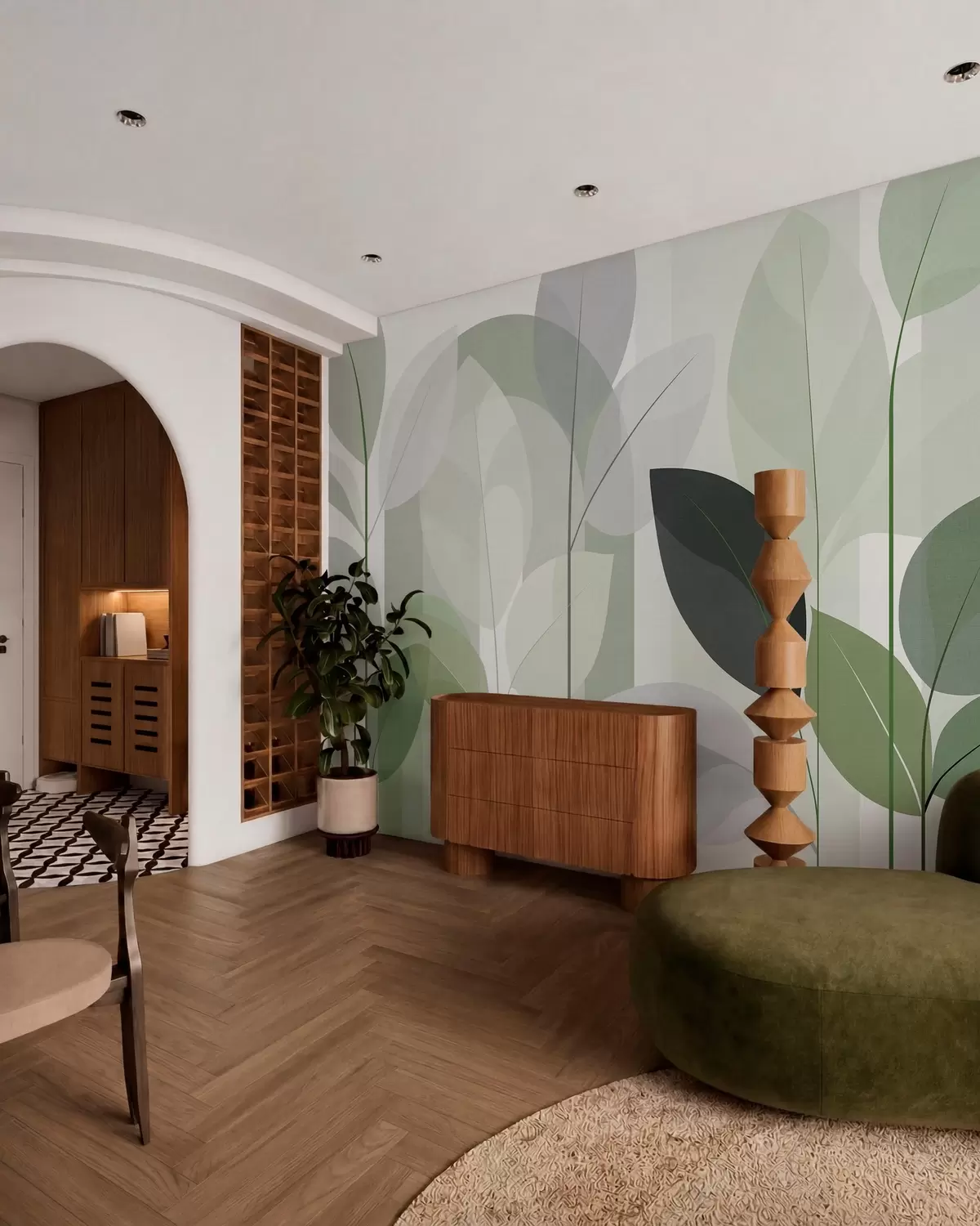 Murale un motif abstrait représentant des feuilles, dans un style de tissage mat, dans des nuances de vert w05986v1