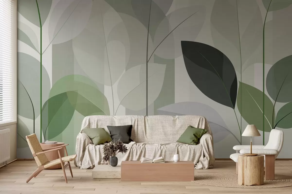 Murale un motif abstrait représentant des feuilles, dans un style de tissage mat, dans des nuances de vert w05986v1