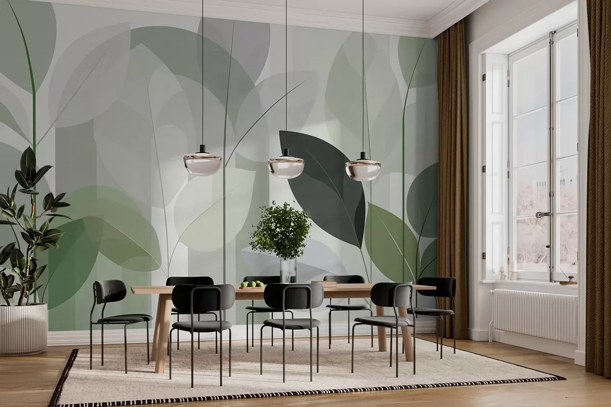 Murale un motif abstrait représentant des feuilles, dans un style de tissage mat, dans des nuances de vert w05986v1