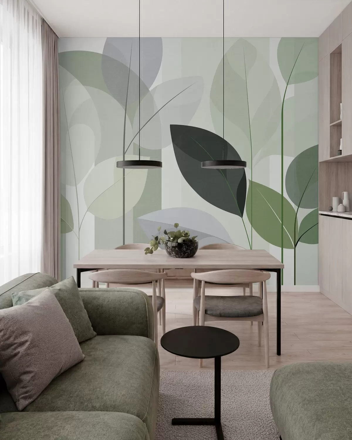 Murale un motif abstrait représentant des feuilles, dans un style de tissage mat, dans des nuances de vert w05986v1
