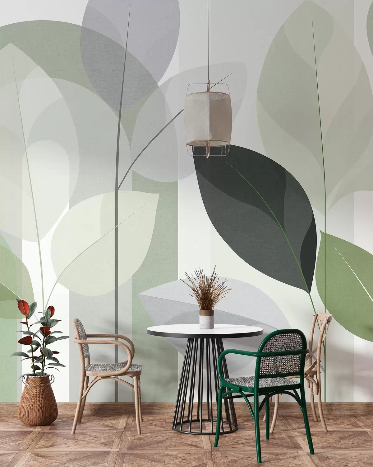 Murale un motif abstrait représentant des feuilles, dans un style de tissage mat, dans des nuances de vert w05986v1