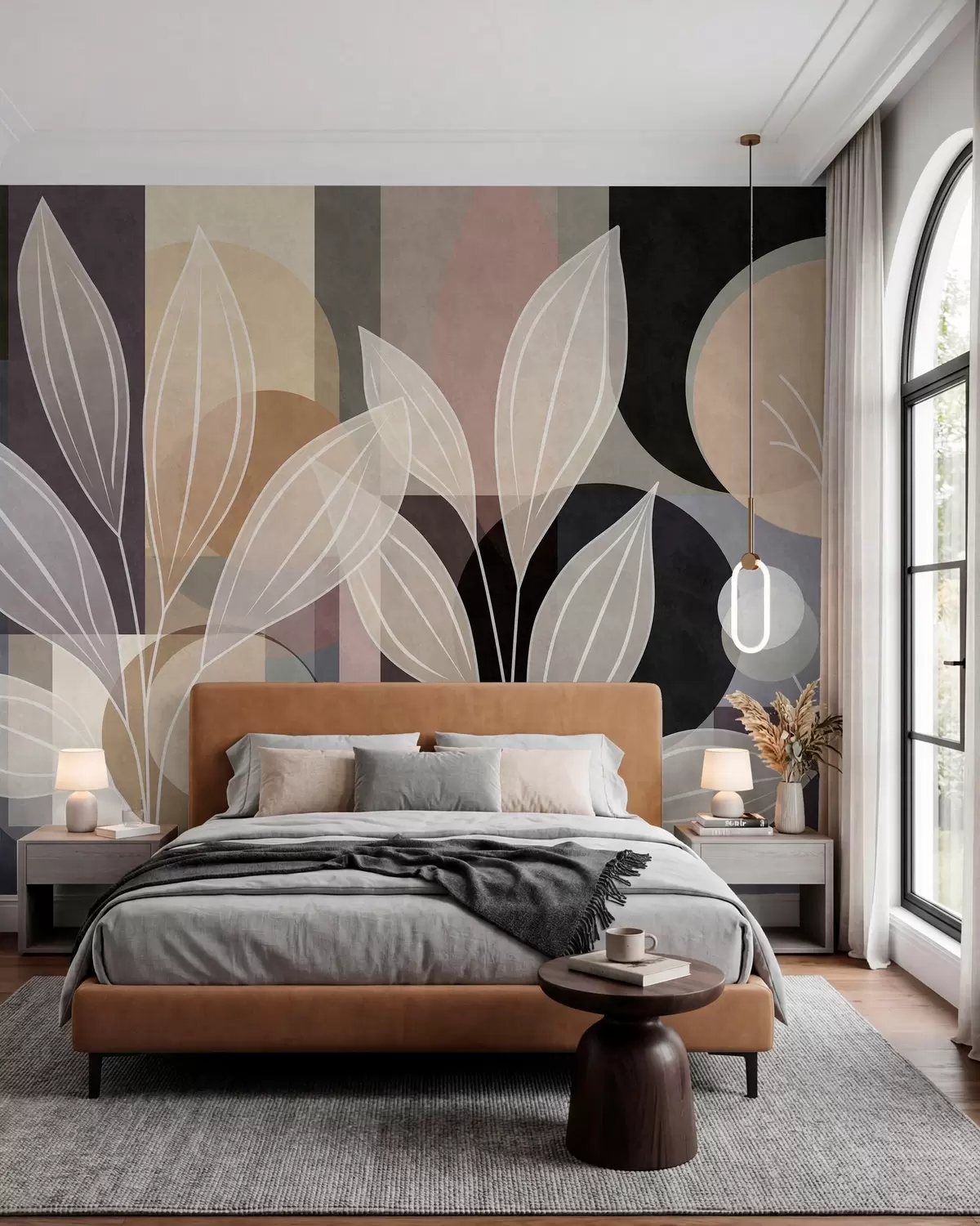Fototapete stilisierte Blätter vor einem geometrischen Hintergrund in Beige- und dunklen Farbtönen w05987