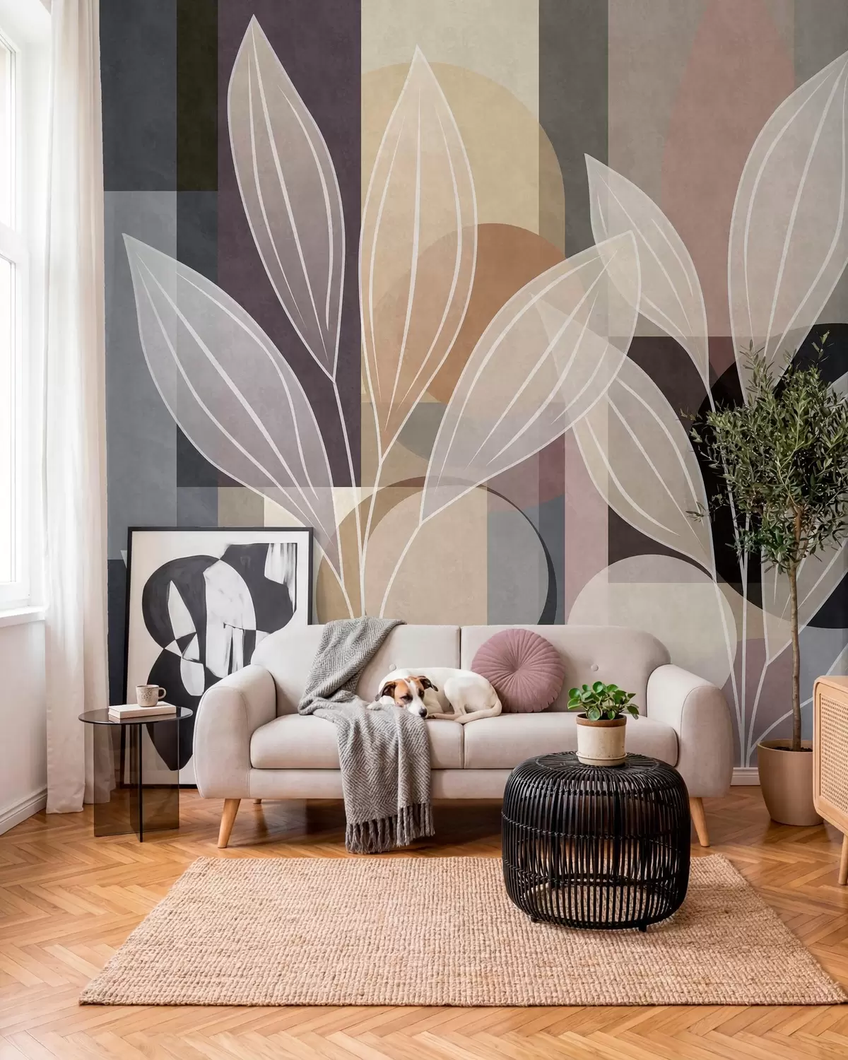 Fototapete stilisierte Blätter vor einem geometrischen Hintergrund in Beige- und dunklen Farbtönen w05987