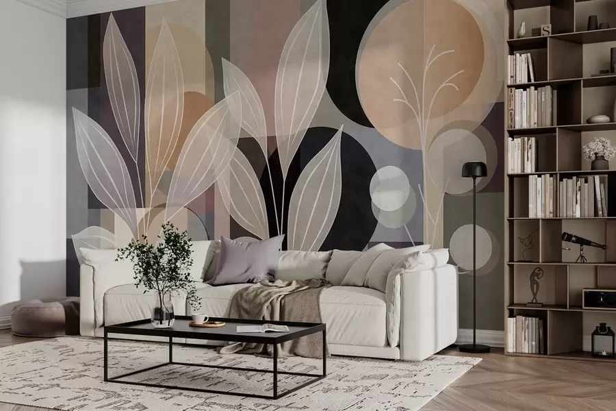 Murale des feuilles stylisées sur un fond géométrique, dans des tons de beige et des couleurs sombres w05987