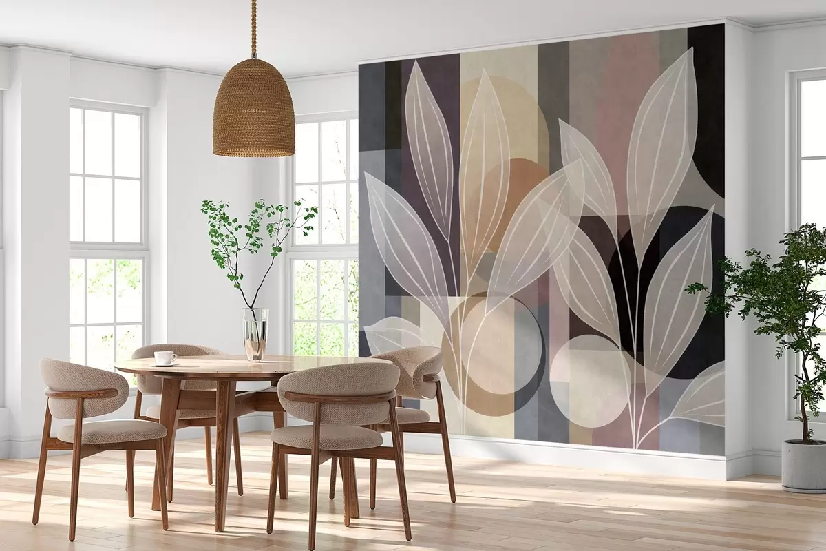 Fototapete stilisierte Blätter vor einem geometrischen Hintergrund in Beige- und dunklen Farbtönen w05987