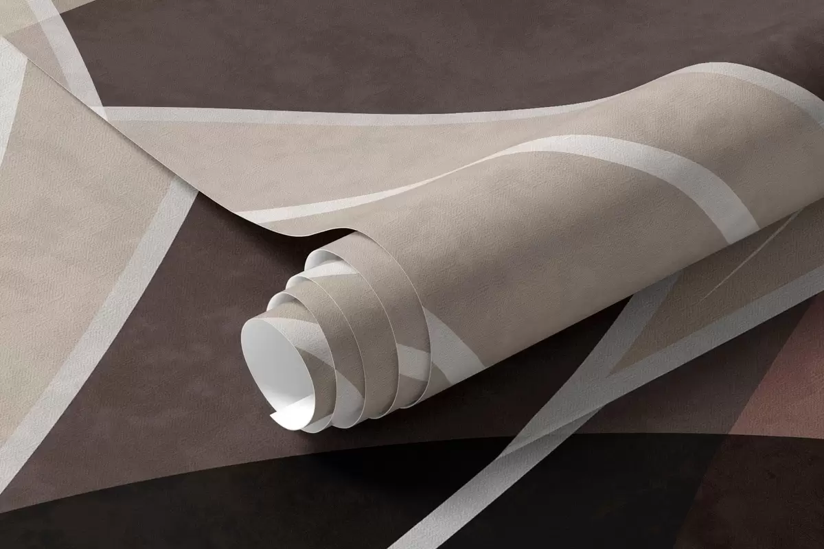 Fototapete stilisierte Blätter vor einem geometrischen Hintergrund in Beige- und dunklen Farbtönen w05987