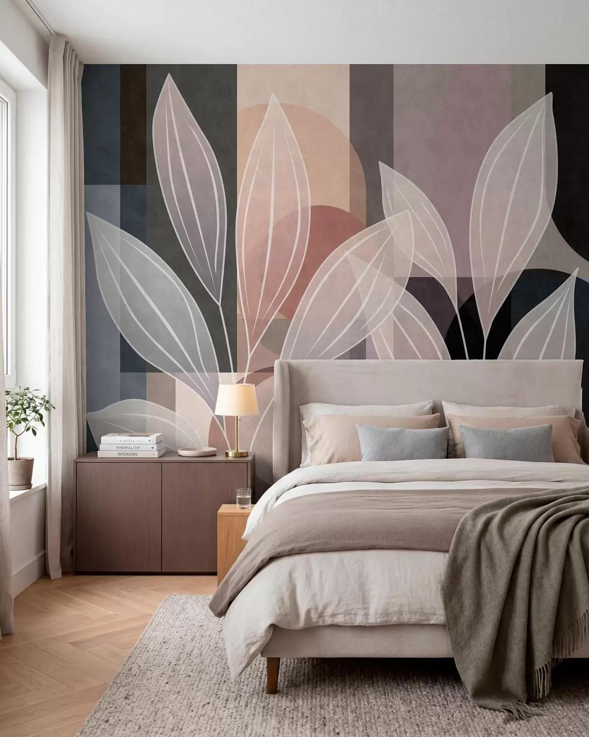 Murale un feuillage stylisé sur un fond géométrique, dans des tons poudrés et sombres w05987v1