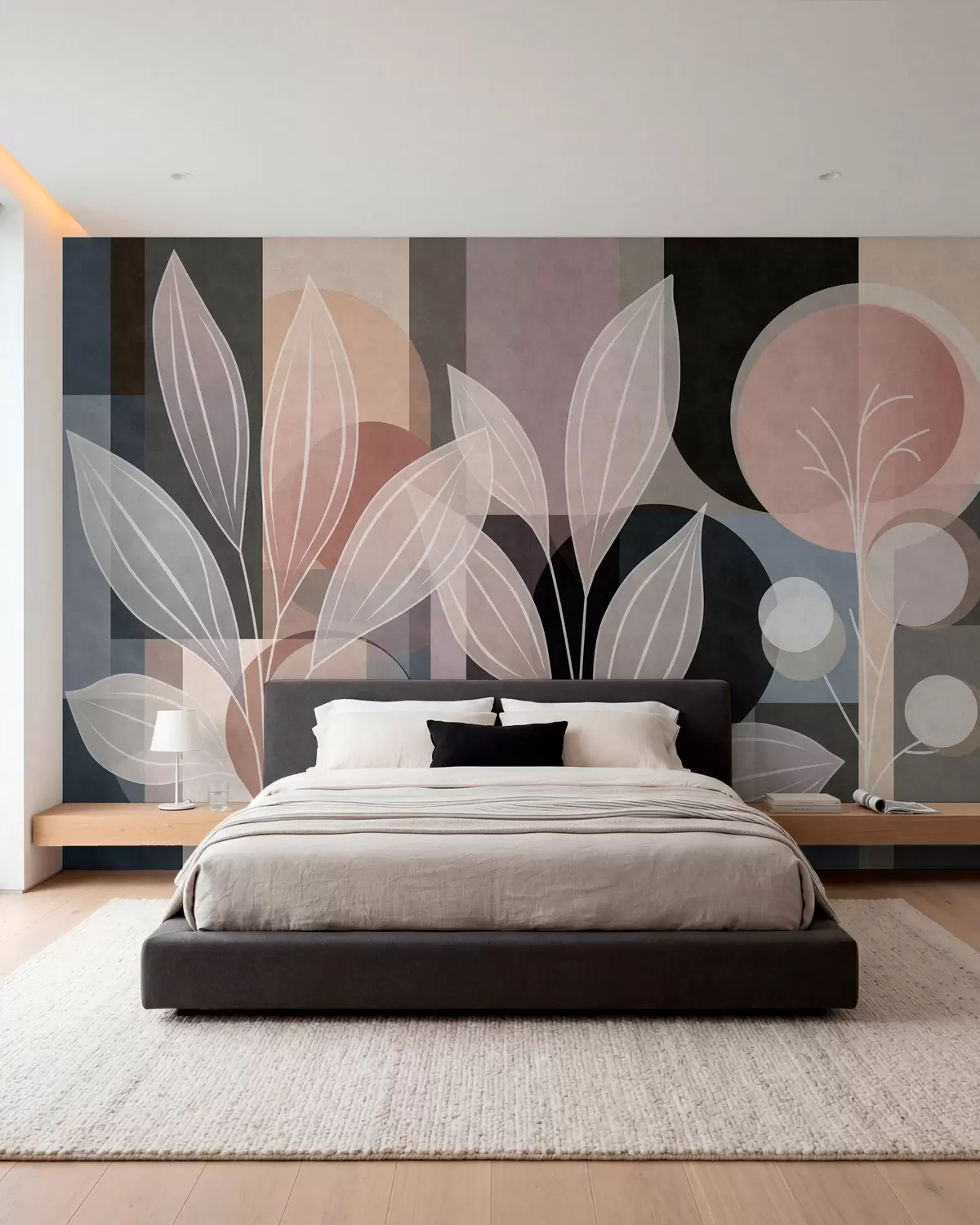 Murale un feuillage stylisé sur un fond géométrique, dans des tons poudrés et sombres w05987v1