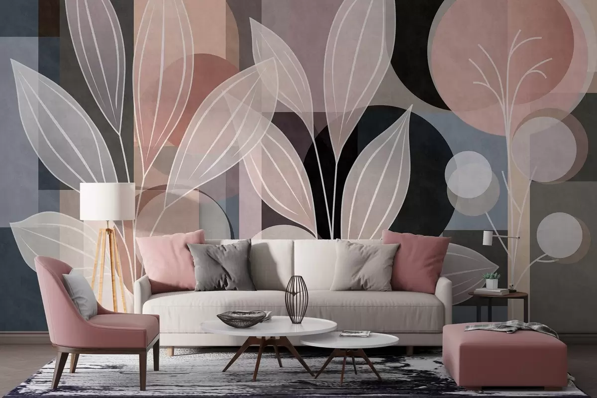 Murale un feuillage stylisé sur un fond géométrique, dans des tons poudrés et sombres w05987v1