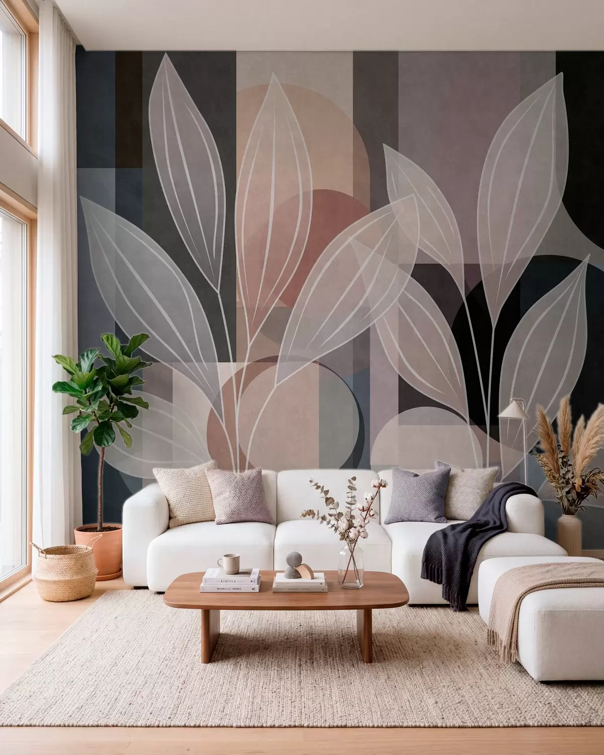 Murale un feuillage stylisé sur un fond géométrique, dans des tons poudrés et sombres w05987v1