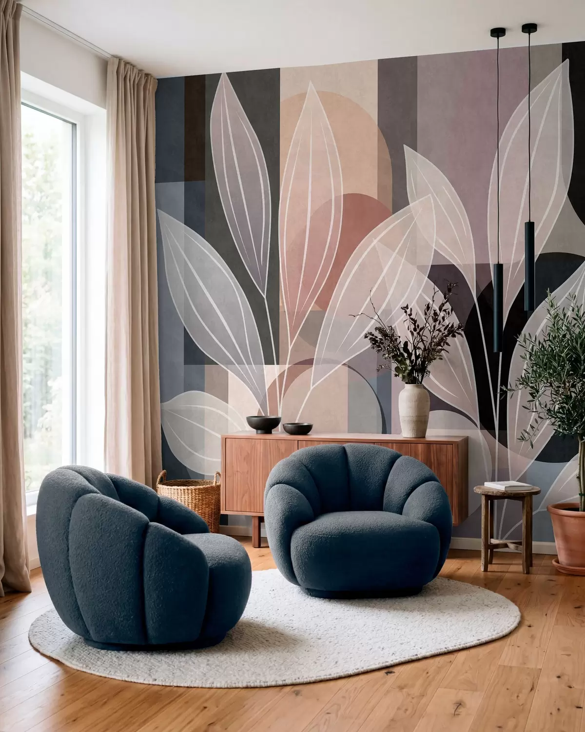Murale un feuillage stylisé sur un fond géométrique, dans des tons poudrés et sombres w05987v1