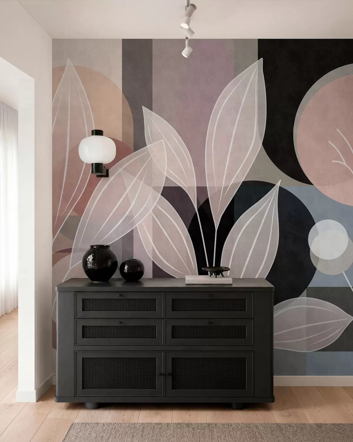 Murale un feuillage stylisé sur un fond géométrique, dans des tons poudrés et sombres w05987v1