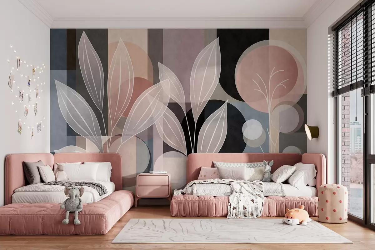 Murale un feuillage stylisé sur un fond géométrique, dans des tons poudrés et sombres w05987v1