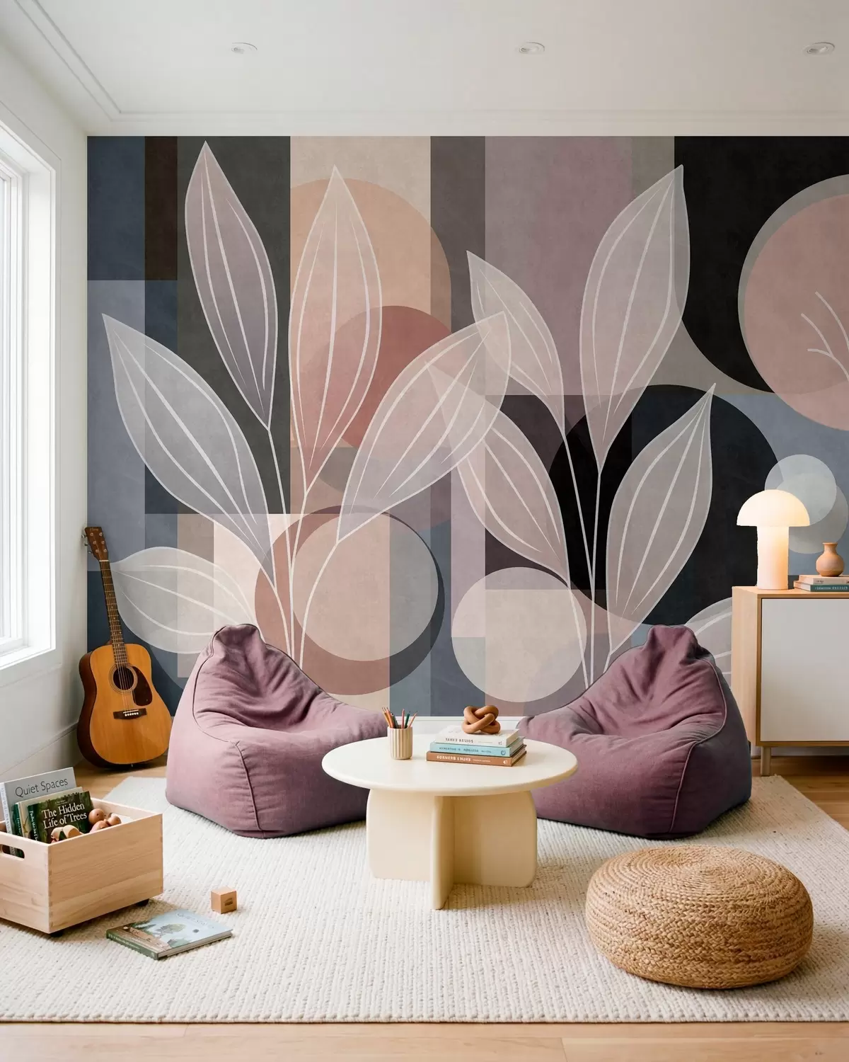 Murale un feuillage stylisé sur un fond géométrique, dans des tons poudrés et sombres w05987v1