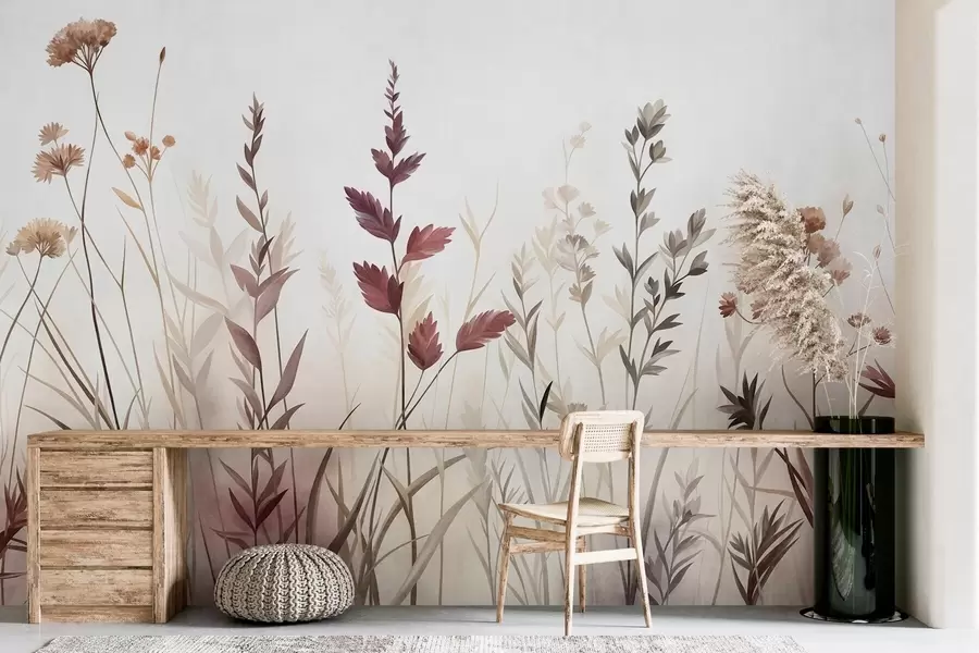 Murale De hautes herbes sauvages et des fleurs sauvages aux teintes terreuses discrètes, dans un style minimaliste w10084