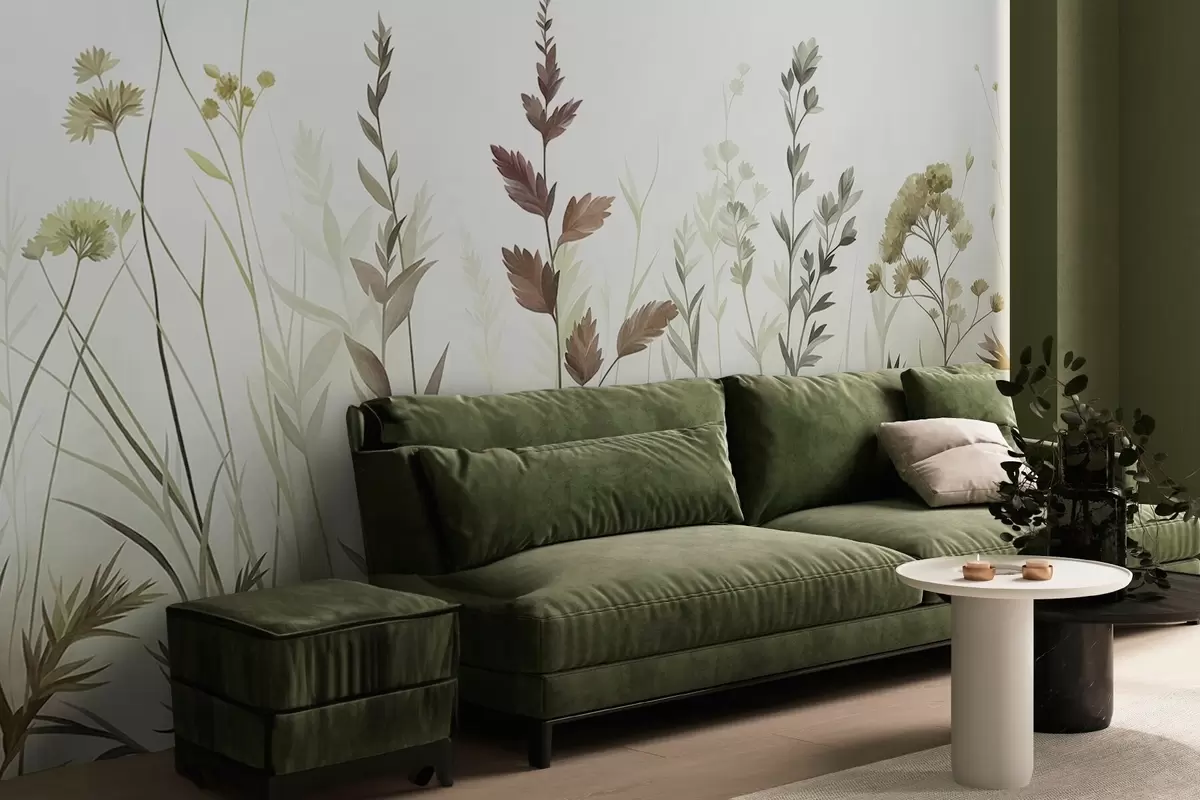 Fototapete Hohe Wildgräser und Wildblumen in gedeckten Grüntönen, minimalistische Ästhetik w10084v1