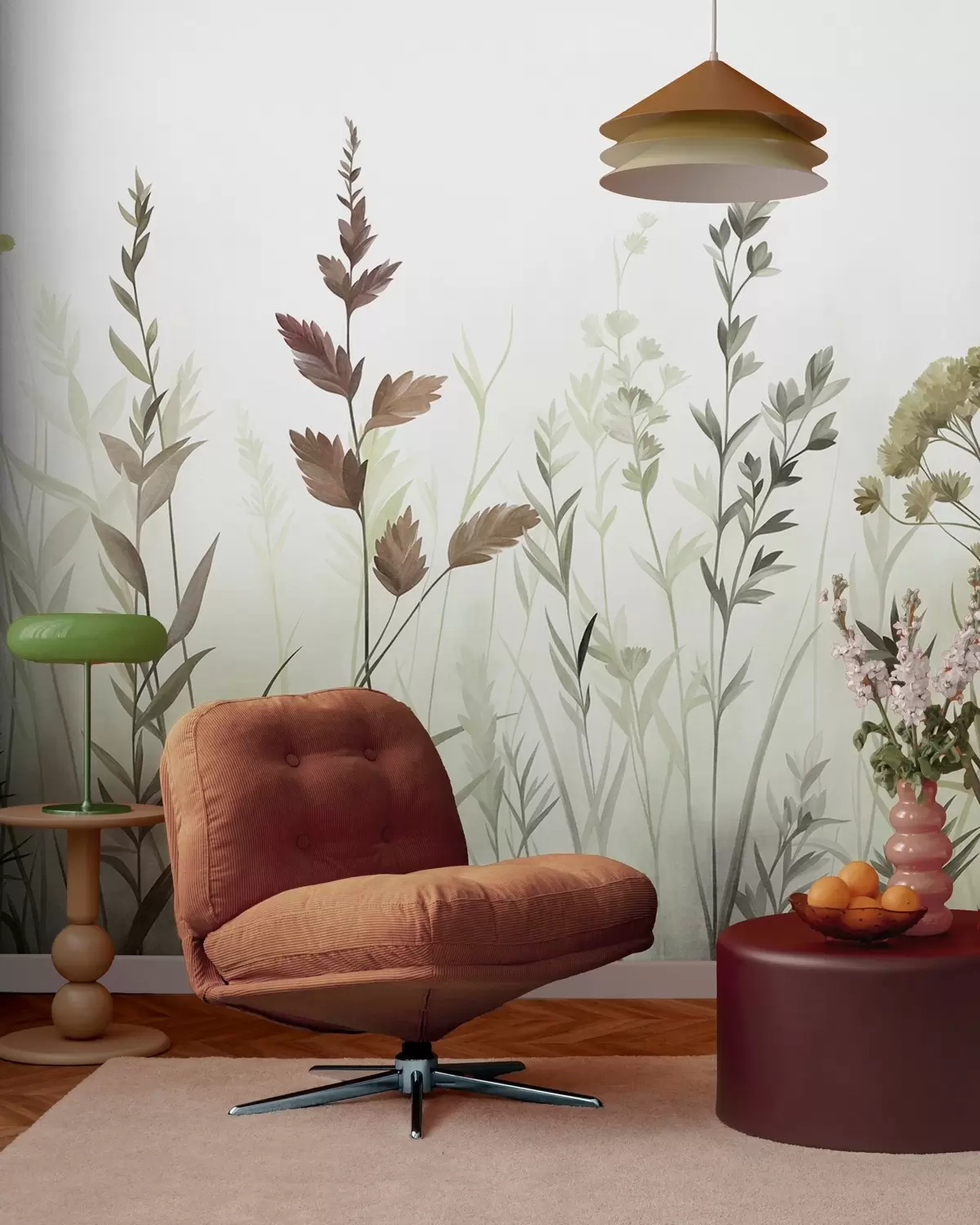 fototapeter Høje vilde græsser og vilde blomster i dæmpede grønne nuancer, minimalistisk æstetik w10084v1