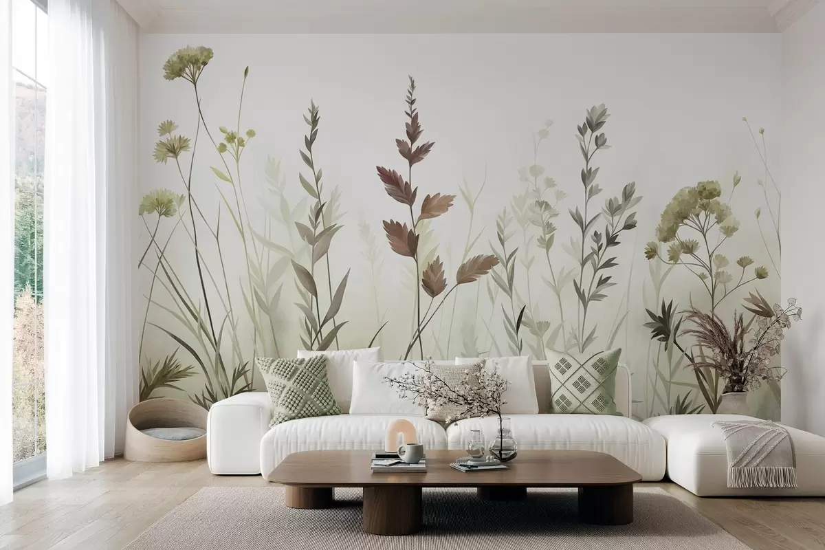 Fototapete Hohe Wildgräser und Wildblumen in gedeckten Grüntönen, minimalistische Ästhetik w10084v1