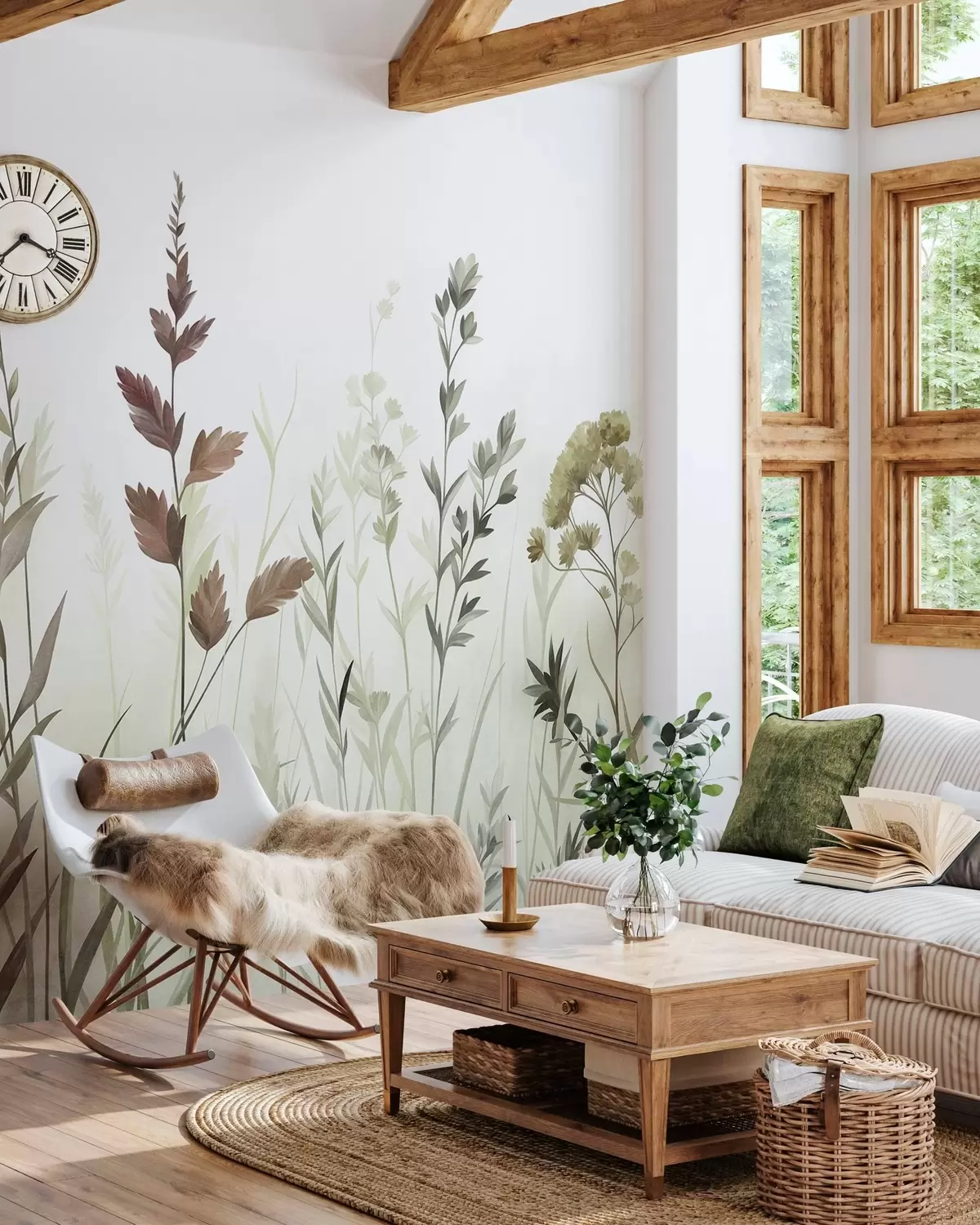 fototapeter Høje vilde græsser og vilde blomster i dæmpede grønne nuancer, minimalistisk æstetik w10084v1