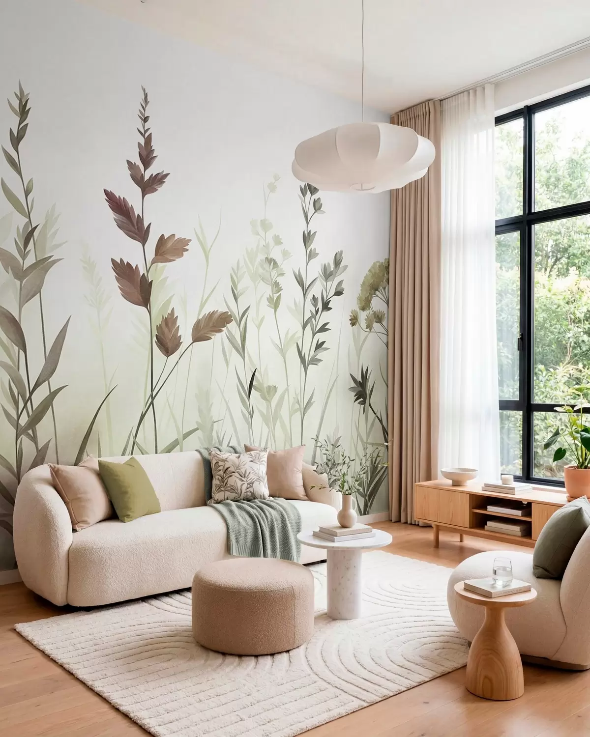 fototapeter Høje vilde græsser og vilde blomster i dæmpede grønne nuancer, minimalistisk æstetik w10084v1