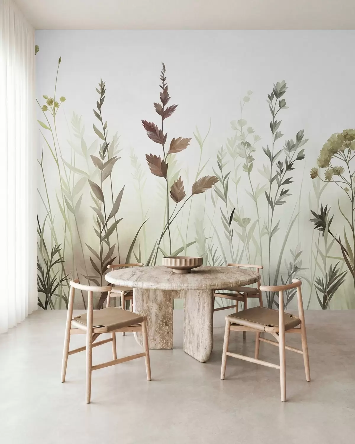 fototapeter Høje vilde græsser og vilde blomster i dæmpede grønne nuancer, minimalistisk æstetik w10084v1