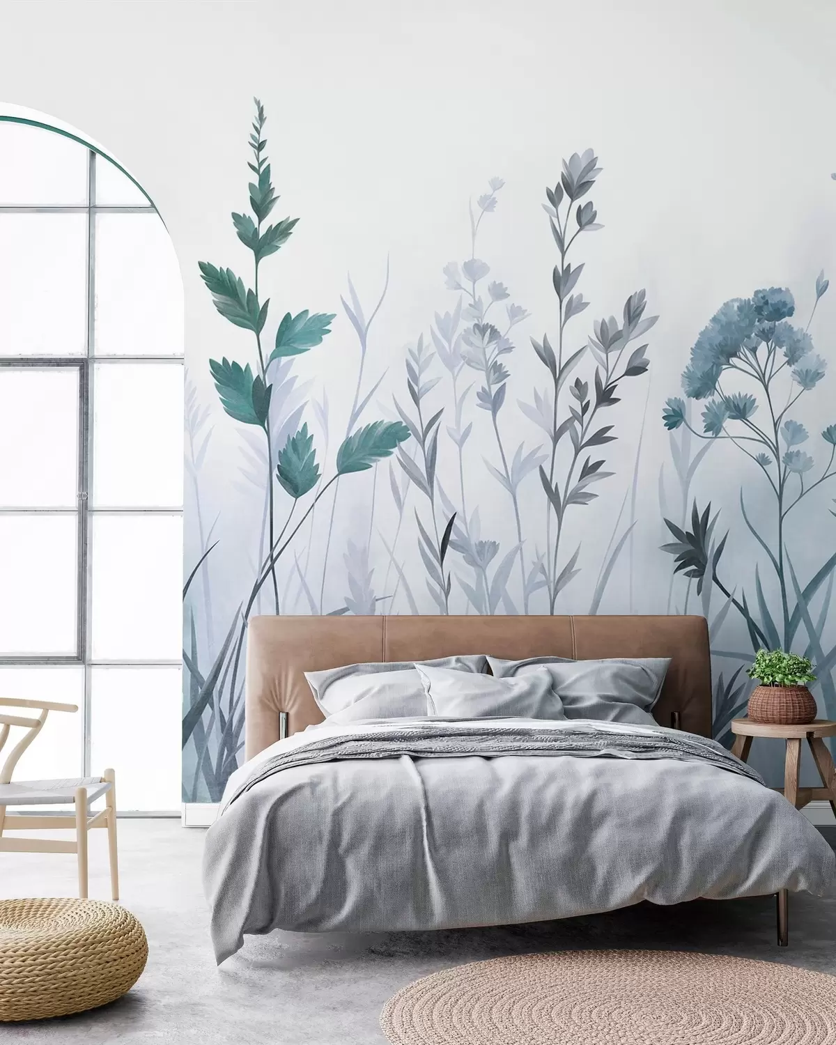Fototapete Hohe Wildgräser und Wildblumen in gedeckten Blautönen, minimalistische Ästhetik w10084v2